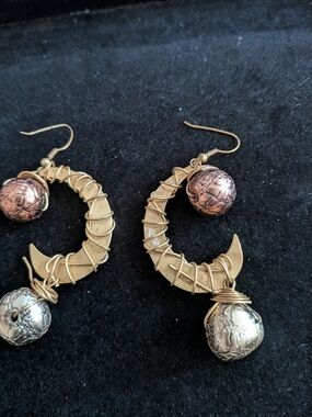 Vintage Gold Crescent Wire-Wrap Earrings with Copper and Silver Beads